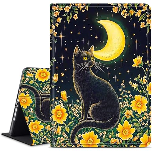 Image of Dikoer for Samsung Galaxy Tab E 9.6" 2015 (SM-T560/T561/T565/T567) Tablet Case, Multiple Viewing Angles & Kickstand Back Case Drop Protection Smart Cover, Yellow Moon Black Cat