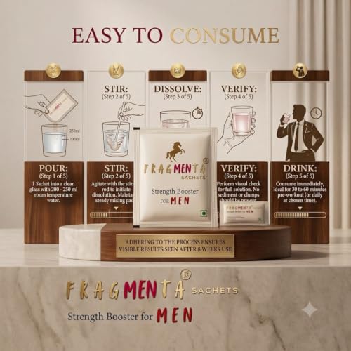 Image of FRAGMENTA Strength Booster Supplement for Men | L-Arginine, Ashwagandha, Safed Musli, Gokhru, Zinc | Strength, Stamina & Energy Booster | 10 Sachets, Lemon Orange Flavour, Sugar Free