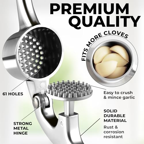 Image of Zulay Kitchen Large Premium Garlic Press Set - Bigger Bowl for Bigger Garlic - Rust Proof Garlic Mincer Tool - Easy-Squeeze, Easy-Clean Silicone Garlic Peeler & Brush (Chrome)