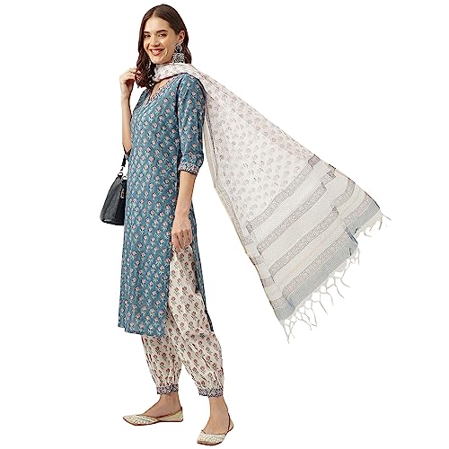 Image of Divena blue Floral Printed Cotton Embroidered kurta, Trouser with Dupatta