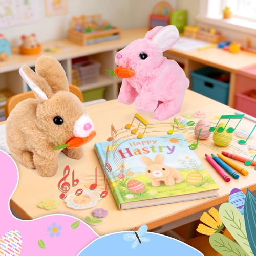 Asslye Elektrischer Osterhase Plüschtier, Interaktives Kaninchen mit Geräuschen & Beweglichen Ohren, Hüpfendes Spielzeug für Ostergeschenk, Krabbelnder Stoffhase für Kinder ab 1 2 3 Jahre