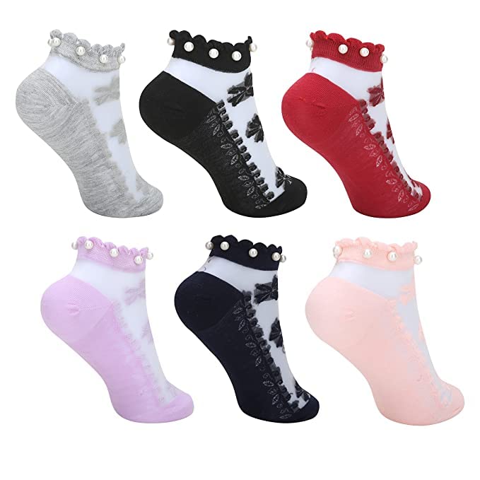 Net Breathable Ankle Length Socks white pearl design(Multi color) Free-Size cute desine for Womens/Girls pack of 4-image-44