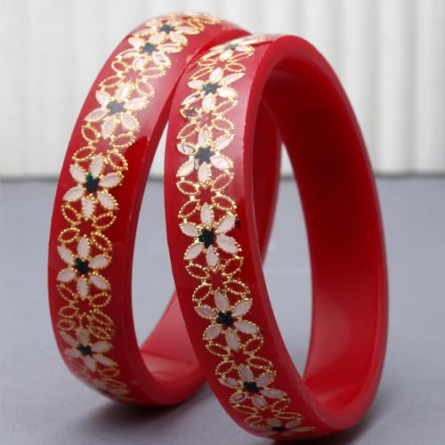 Gold-Plated Green Flower Engraved Bangles Set