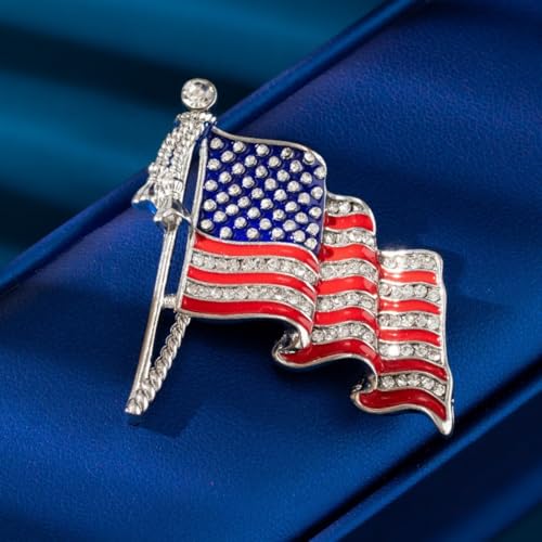 Image of Patriotic USA Flag Brooch Pin for Women Fashion Crystal Blue Red Independence Memorial Day Lapel Pin 4th of July Dress Accessories