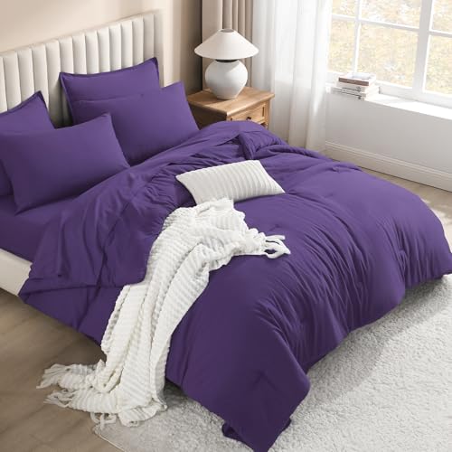 Litanika Comforter King Size Set Purple - 7 Pieces Bed in a Bag King Bedding Comforter Sets, Plain Lightweight Bed Set with Comforter, Sheets, Pillowcases & Shams