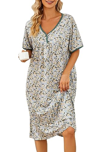 Image of AVIIER Nightgows for Women Soft Cotton Night Shirts Short Sleeve Sleepwear with Pockets