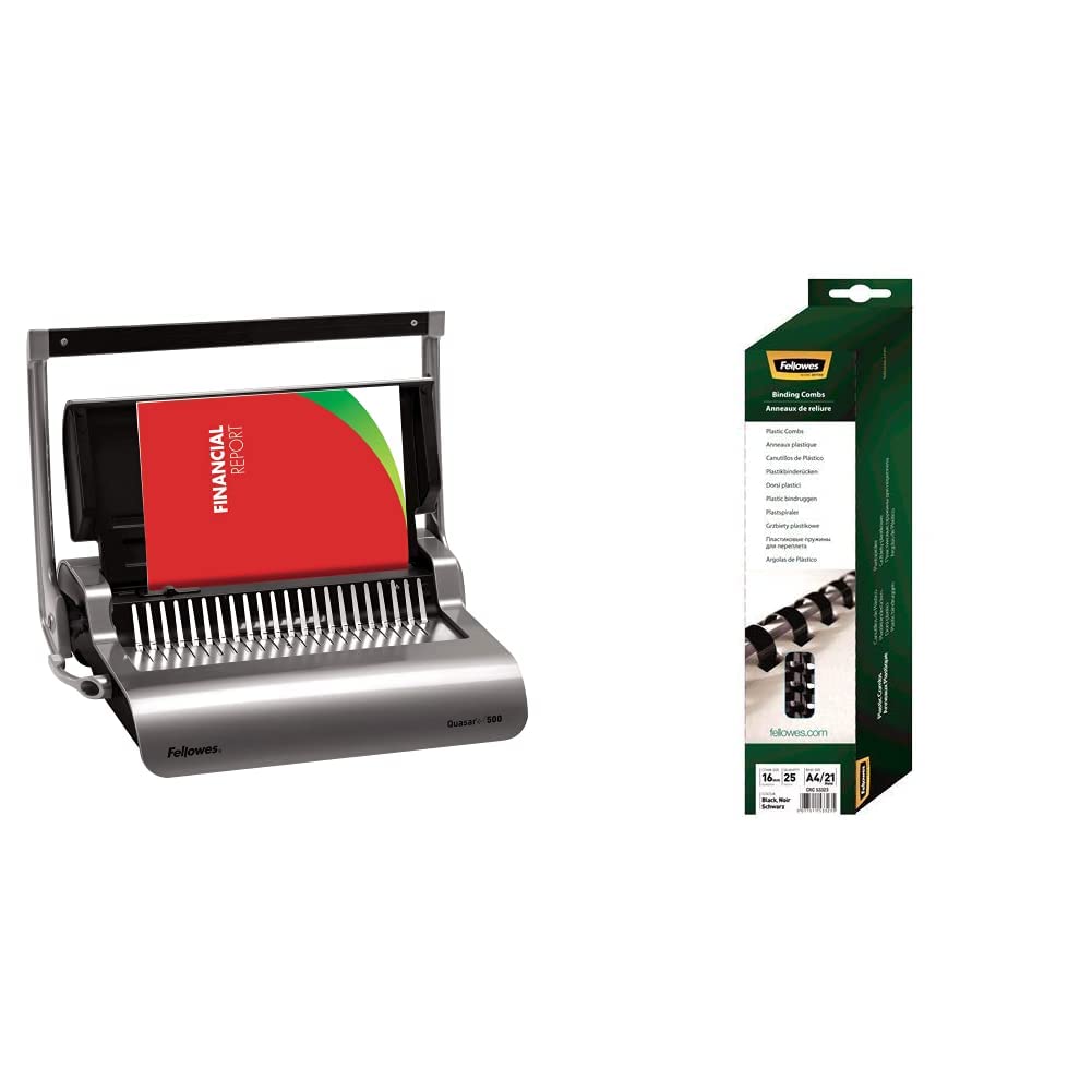 Fellowes 5627701 Rilegatrice a Dorsi Plastici Quasar+, Manuale, Capacità di Rilegatura 500 Fogli & 5332302 Dorsi Plastici per Rilegatura, 21 Anelli, Passo 9/16