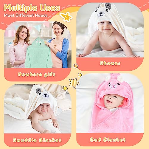 Image of Preboun 4 Pcs Baby Bath Towel 31.5 x 31.5 Inch Coral Fleece Baby Hooded Towel Absorbent Soft Babys Towels for Newborn Cartoon Animal Hooded Bath Blanket for Kids Newborn Shower(Classic Color,Style A)