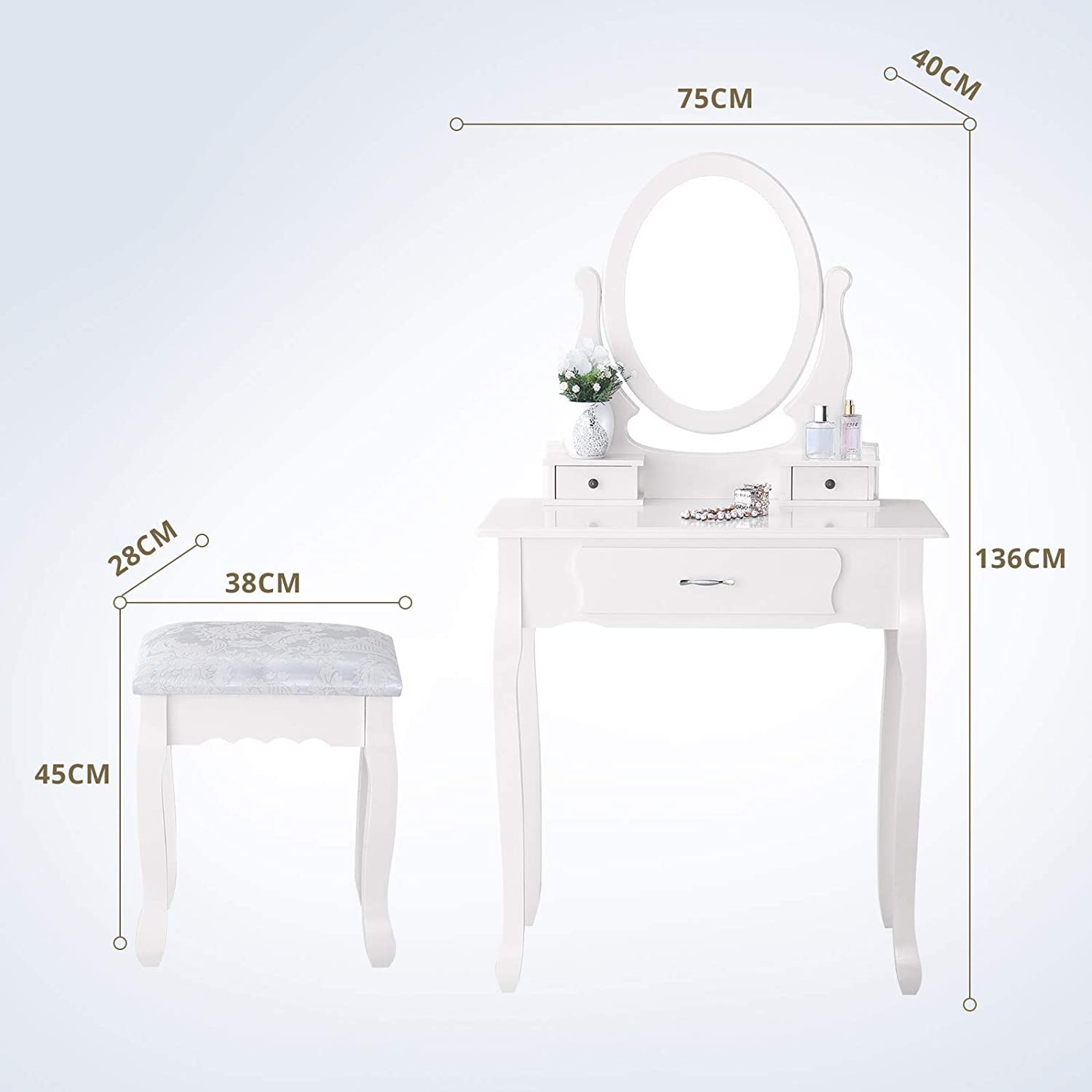 Genérico tocador con espejo y taburete, tocador de mesa con espejo y taburete y 3 cajones, mesa de maquillaje para dormitorio, tocador de niña para almacenamiento (tres cajones)