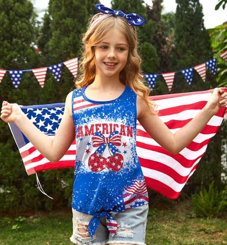 Image of July 4th Girls Patriotic Sleeveless Tie Knot Front Tank Top Stars Stripes Tee Shirt 4-14 Years