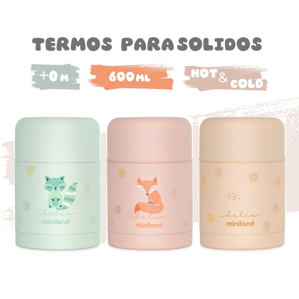 Miniland Termo Bebé para Comidas 600ml, +12h Frío y Calor | Vanilla | Contenedor de Acero Inoxidable y Aislamiento de Doble Pared, Cierre Hermético para Papillas, Pure y Comidas Fuera de Casa