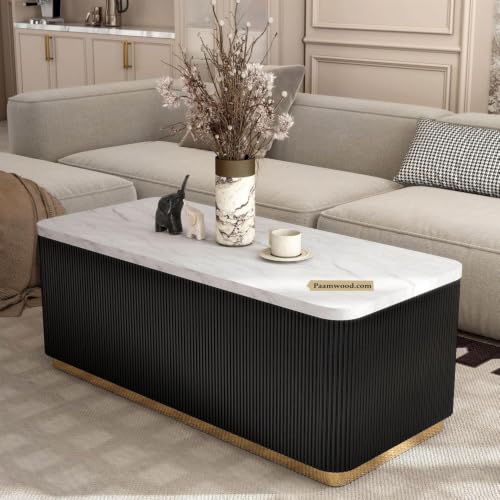 Image of Luxury Rectangle Black Coffee Table with Nano Composite Marble-Look Top & Gold Base, Waterproof Plywood, Contemporary Center Table with Ribbed Fluted Design for Living Room & Home Decor