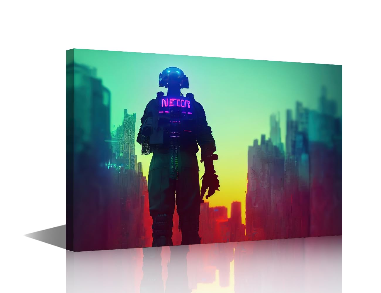Canvas Wall Art Cyberpunk Soldier City Patrol Pictures Cyberpunk City Paintings for Living Room Premium Quality Artwork Bedroom Home Decorations Framed Posters and Prints Ready to Hang 24x16 in