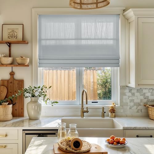 Image of TWOPAGES Isabella No Drill Cordless Roman Shade Linen Textured Cotton Roman Blind for Windows, Custom Made Room Darkening Blackout Roman Window Shade, Hardware Included, Blue Gray, 1 Piece