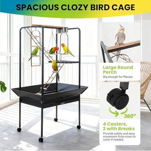 Image of Pet Products Parrot Playstand with Wheels, Bird Cage Stand Activity Play Center with Perches and Ladders, Indoor Outdoor Playground for Birds, Black Hammertone Finish