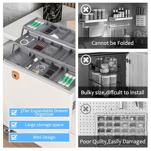 Schubladen Organizer, 3 Tier Ausziehbare Schublade Organizer Faltbar Schubladenorganisator für Schreibtisch Schminktisch Büro Küche, Kosmetik Schmuck Büro Zubehör Werkzeug Aufbewahrung (Einreihig)