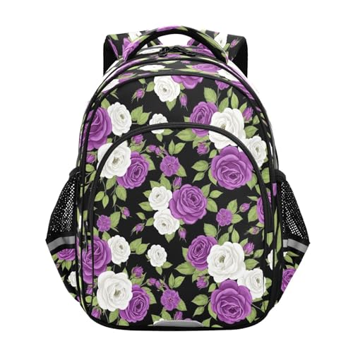 Purple White Roses Kids Backpack for Girls Boys Ages 8-14, Elementary School Backpack for Boys