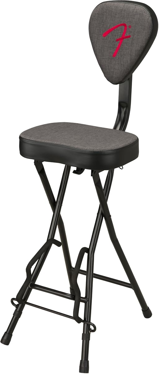 Fender 351 Sitz- und Gitarrenständer-Kombination, Zusammenklappbares Design, Abnehmbare Rückenlehne, Grauer Tweed-Stoff, rutschfeste Füße