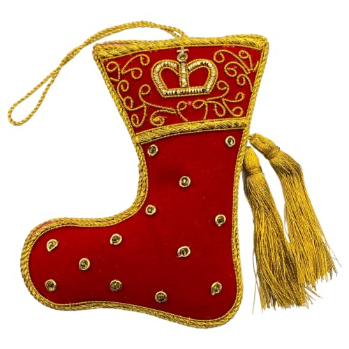Zari - Adorno de Navidad con calcetín rojo, bordado Zardozi, bolsa de regalo, fabricado en la India