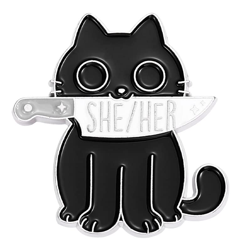 LGBTQ Pronomen Pin Katze She They/He Him/They Them/She Her/He They Gender Identity Bulk Pins Black Cat with Knife Pride Pins for Pride Parade Daily Wear Backpack Revers Hat Gifts Jacket, S, Zink, Kein