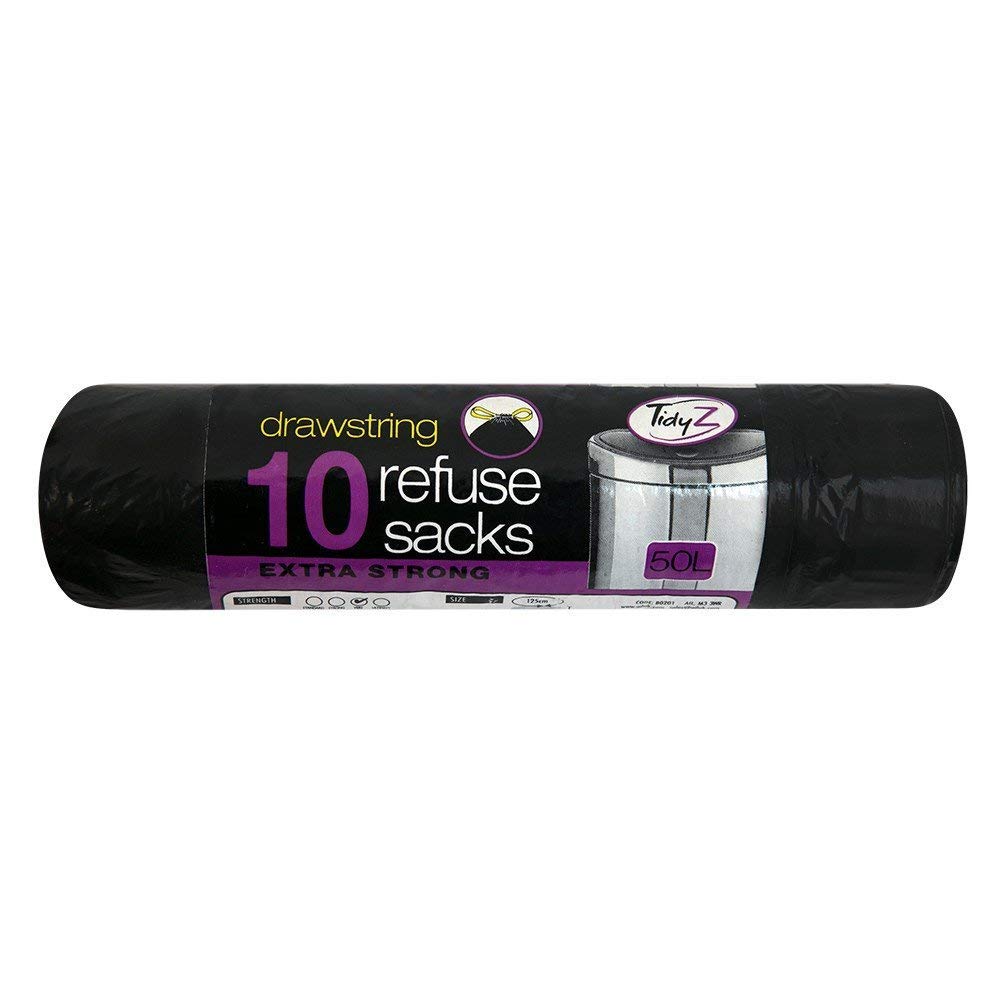Tidyz 10 Refuse Drawstring Sacks Extra Strong, Black