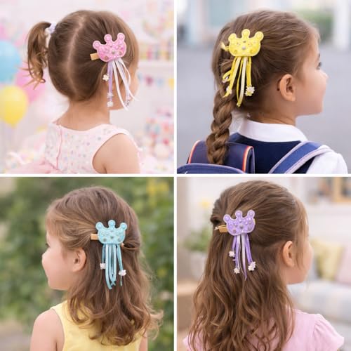 Image of Kids Glitter Crown & Princess Ribbon Alligator Hair Clips, 10 Pcs | Non-slip toddler hair accessories with tassel and storage box. Ideal gift for school, birthday, and princess parties.