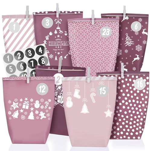Adventskalender Tüten zum Befüllen 2025, Weihnachtskalender Papiertüten zum Selber Basteln, rosa Stil, 24 XXL Geschenktüten für Kinder frauen mädchen,Wiederverwendbar