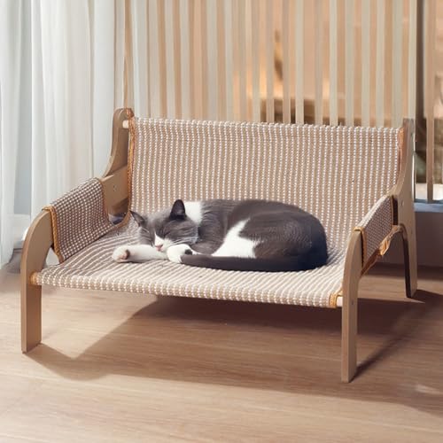 GIIPET 猫ベッド ハンモック夏用 通気性 爪とぎ対応 丈夫な木製フレーム 藤素材/麻布2種 涼しいソファ 猫 ペット 犬 ペット 取り外し簡単 お手入れ楽 屋内外 (B型」-麻素材)