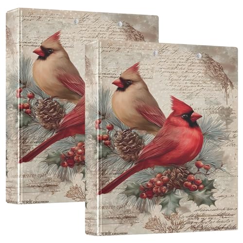 Image of Cardinals Bird Pine Cone Christmas 3 Ring Binder with 2 Interior Pockets 1.5 inch Binders 3 Ring Heavy Duty Fit 8.5 inch x 11 inch Letter Size for Office School, 2 Pack