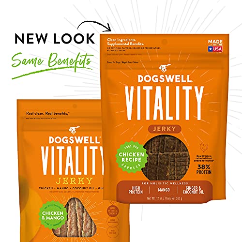 Dogswell Vitality Chicken & Mango Jerky - Meaty Dog Treats With Mango, Coconut Oil & Ginger To Support Overall Health & Vitality - 12 Oz. (29278) #TOP2