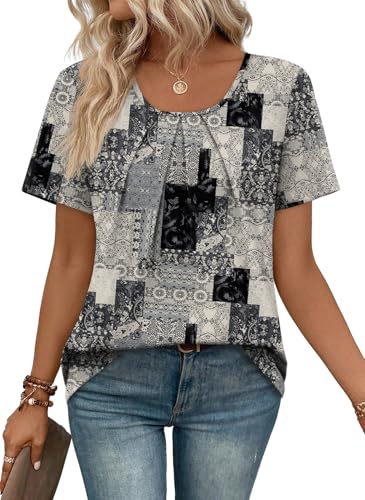 Image of WIHOLL Women T Shirts Pleated Short Sleeve Tops Business Casual Dressy Blouses