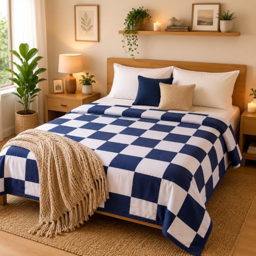 Image of Double Bed Dohar Classic Navy Check | Lightweight Summer Quilt | Soft Microfiber AC Blanket | Breathable All Season Comforter | Skin Friendly Bed Cover
