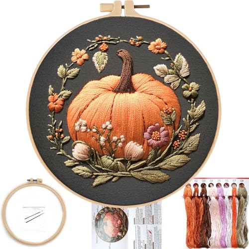 FONNUY Pumpkin Embroidery Kit for Beginners, Pre-Stamped Pattern Kits for Adults with Hoop, Easy to...