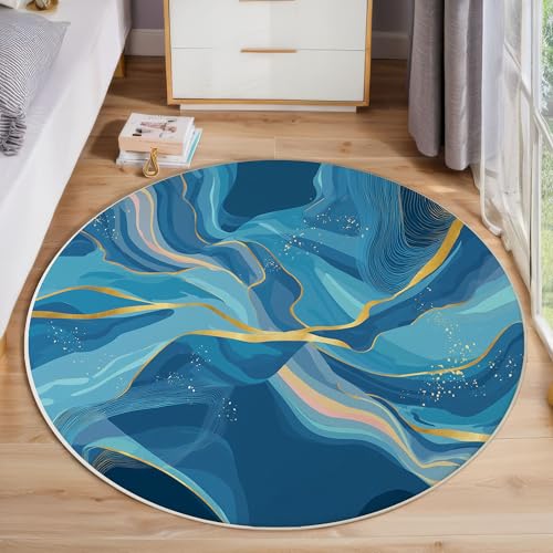 Tapis rond motif abstrait en marbre bleu avec rayures dorées
