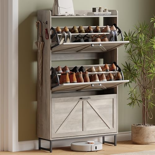 Image of Shoe Cabinet with 3 Flip Drawers, Freestanding Hidden Shoe Storage Organizer for Entryway, Narrow Slim Shoe Rack Cabinet with Open Storage & Hooks for Front Door Entrance, Living Room, Hallway, Grey