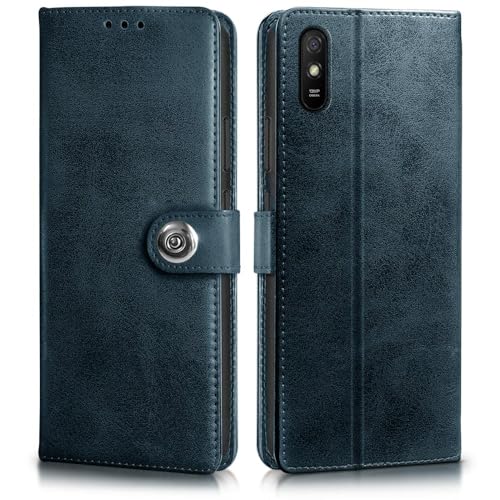 Image of WOW IMAGINE Shock Proof Flip Cover Back Case for Xiaomi Mi Redmi 9A | 9i | 9A Sport (Magnetic Button Flip Case | Wallet Pockets & Stand | Leather Finish | Oxford Blue)