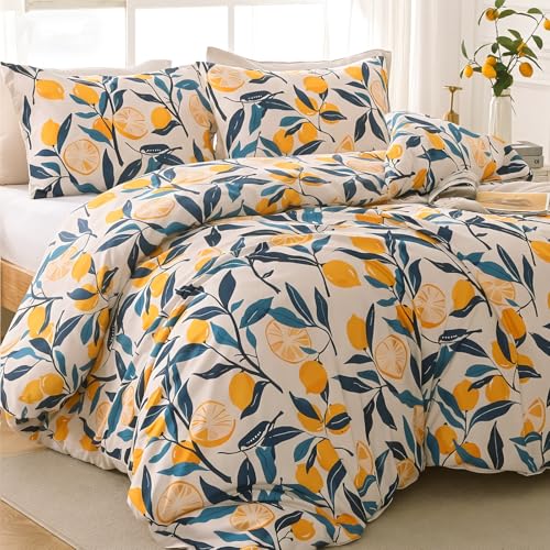 Image of MUXHOMO Lemon Blossom Full Comforter Set, Elegant Floral Print Bed in a Bag 7 Pieces, Ultra Soft & Breathable Reversible Botanical Pattern Bedding Set with Comforter, Sheets, Pillowcases, and Shams