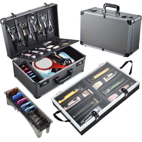 Image of Yueieoun Professional Barber Case - Portable Barber Tool Case Hair Clipper Organizer with Combo Locks, Detachable Trays for Clippers, Shears, Razors, Trimmers - Secure Storage for Barbershop or Travel