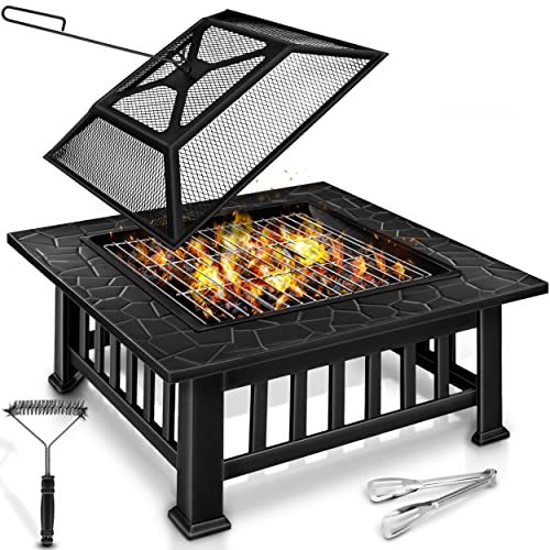 tillvex Brasero Extérieur BBQ | Foyer Poêle pour Jardin, Terrasse | Chauffage avec Gril-Le à Charbon + Couvercle | Cheminée Feu pour Barbecue avec Tissonier