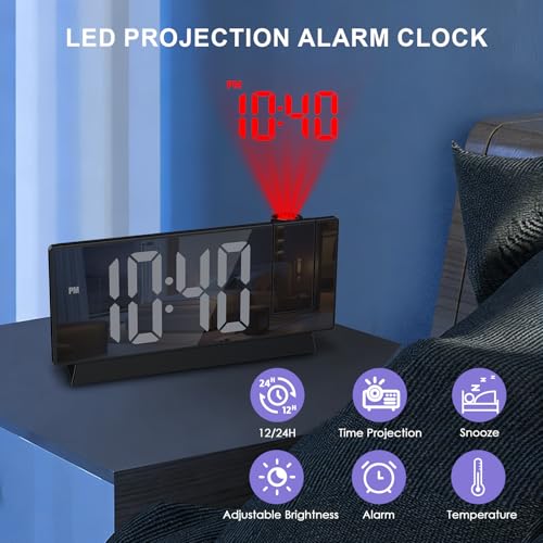 Projection Alarm Clock, Large Screen Projector Clock for Bedroom Ceiling, Digital Clock with 180° Projector, 4 Levels Brightness, Alarm Clock Projector with Temperature Date Snooze 12H/24H - Image 2