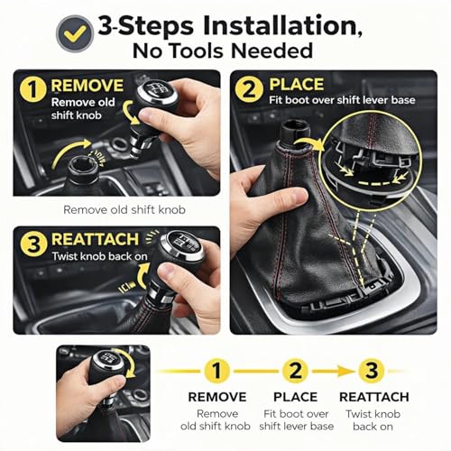 Image of Dweekiy Universal Leather Gear Shift Knob Cover - Premium Black PU with Red Stitching, Non-Slip Dust Protector for Manual Transmission Cars, Easy Install Trim to Fit