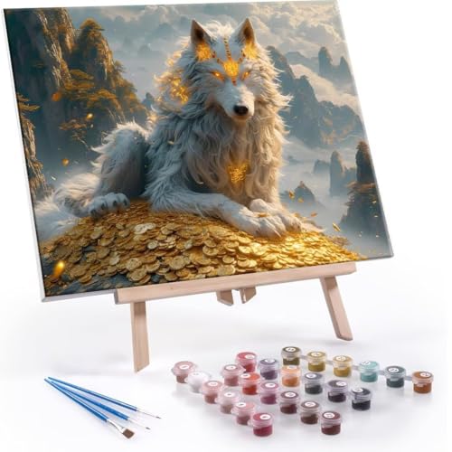 数字油絵 数字塗り絵 デジタル油絵 白狼 数字キットでペイントブラシとアクリル絵の具が入, 大人の子供のためのギフト Paint by Numbers 手塗り DIY 数字によるアクリル 水彩絵画インテリア リビング装飾 35x50cm (フレームレス)