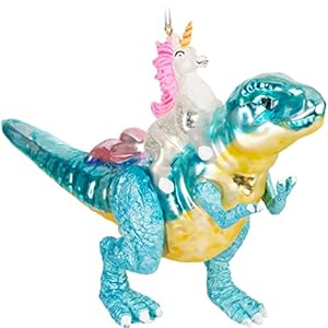 BRUBAKER Handgeschilderde Glazen Kerstbal – Grappig Motief – Handgeblazen Kerstboom Decoratie Figurines Grappige Deco Hanger – Boombal Kerstbal Kerst Decoratie – Eenhoorn op dinosaurus