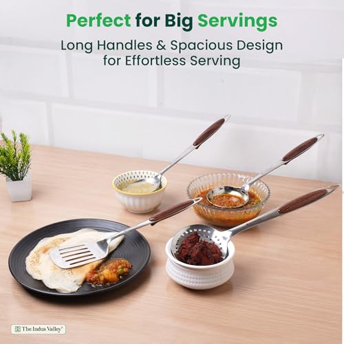 Image of The Indus Valley Stainless Steel Ladle /Spoon /Slotted Turner /Skimmer - Set of 4 | Cooking Utensils| Kitchen, Serving Tools | No Harmful Polish