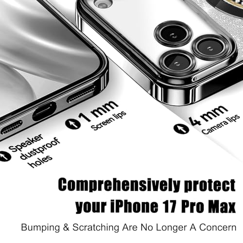 Image of Misscase for iPhone 17 Pro Max Magnetic Glitter Case Compatible with MagSafe,Full Protection Slim Shockproof Anti-Scratch Case with Camera Lens Protector Plating Bling Dust-Proof Net Black