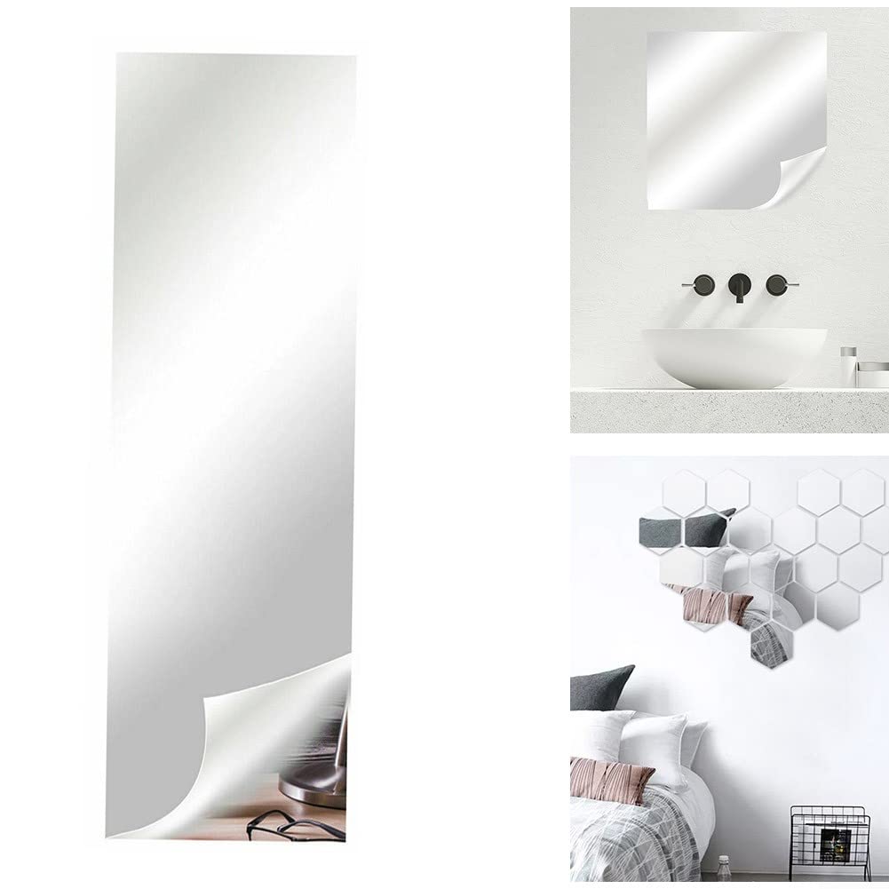 URPIZY Adhesivo de pared de espejo, espejo cuadrado montado en la pared, espejo de cuerpo completo, hojas autoadhesivas de maquillaje, decoración de espejo para baño, sala de estar, cocina (2 mm)
