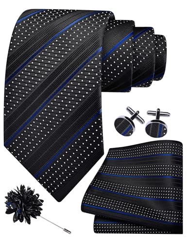Image of GUSLESON 3.15 inch（8cm） Mens Stripe Tie and Lapel Pin Necktie Hankerchief Cufflinks Set for Men