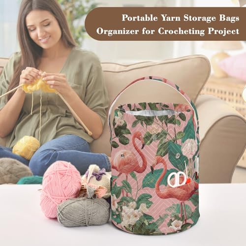 Image of ElliTarr Crochet Bag Yarn Bag with Handle Portable Knitting Project Bag Travel Yarn Storage Organizer Holder Case Pink Cute Tropical Flamingo and Plants