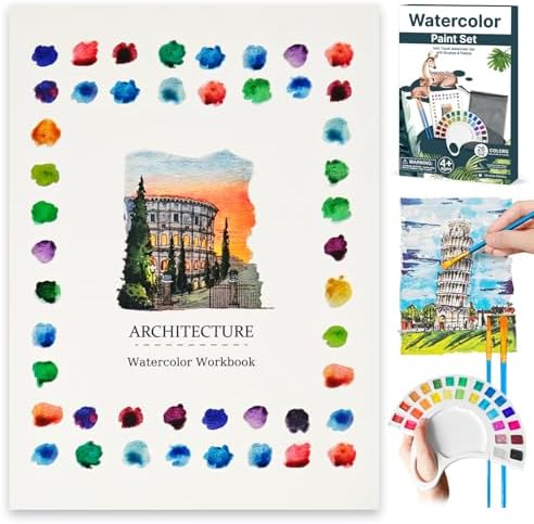 Watercolor Workbook & Water Coloring Book, 13 Pages 300GSM Paper, 26-Color Watercolor Paint Set with Brush & Storage Bag, Beginner-Friendly Coloring Book for Adults — Scenic Architecture Theme