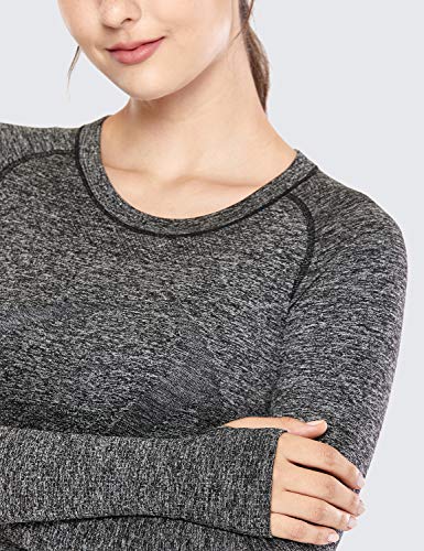 CRZ YOGA Women's Seamless Athletic Long Sleeves Sports Running Shirt Breathable Gym Workout Top Black/White-Slim Fit Medium